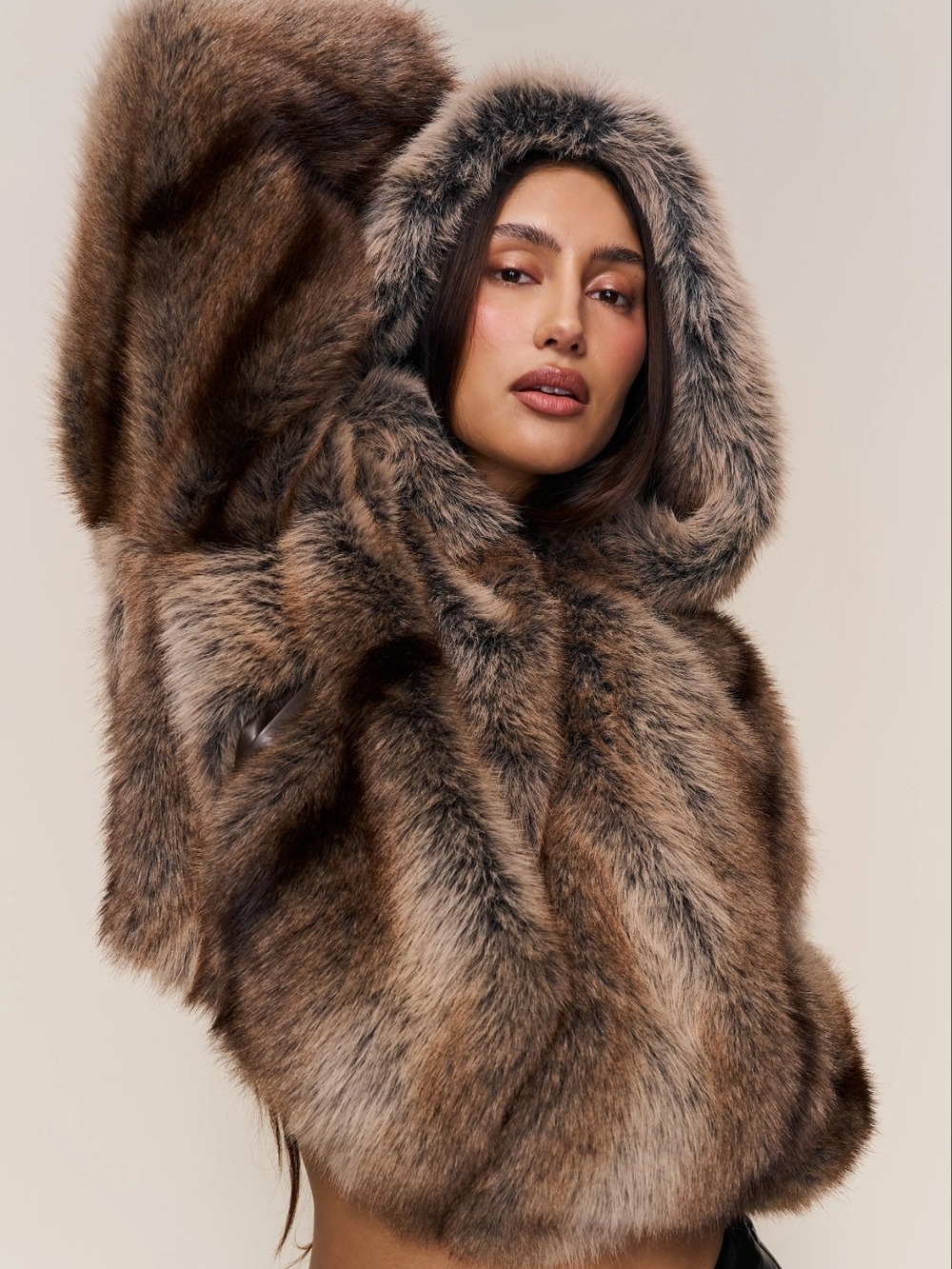 Guizio Corsette Cropped Lux Faux Fur Hooded Bomber Jacket - Brown